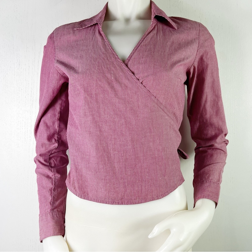 American Eagle cotton Wrap Pink Pinstripe Crop Shirt sz S